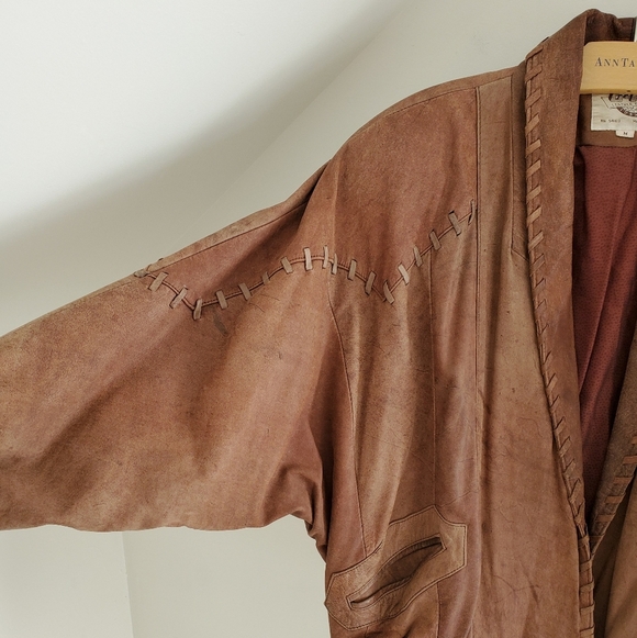 90s Vintage Patchwork Brown Leather Bomber Jacket with Grandpa Collar - Picture 2 of 9